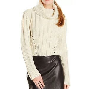 JOA Los Angeles Cream Long Sleeve Funnel Neck Ribbed Wool Crop Sweater Size M